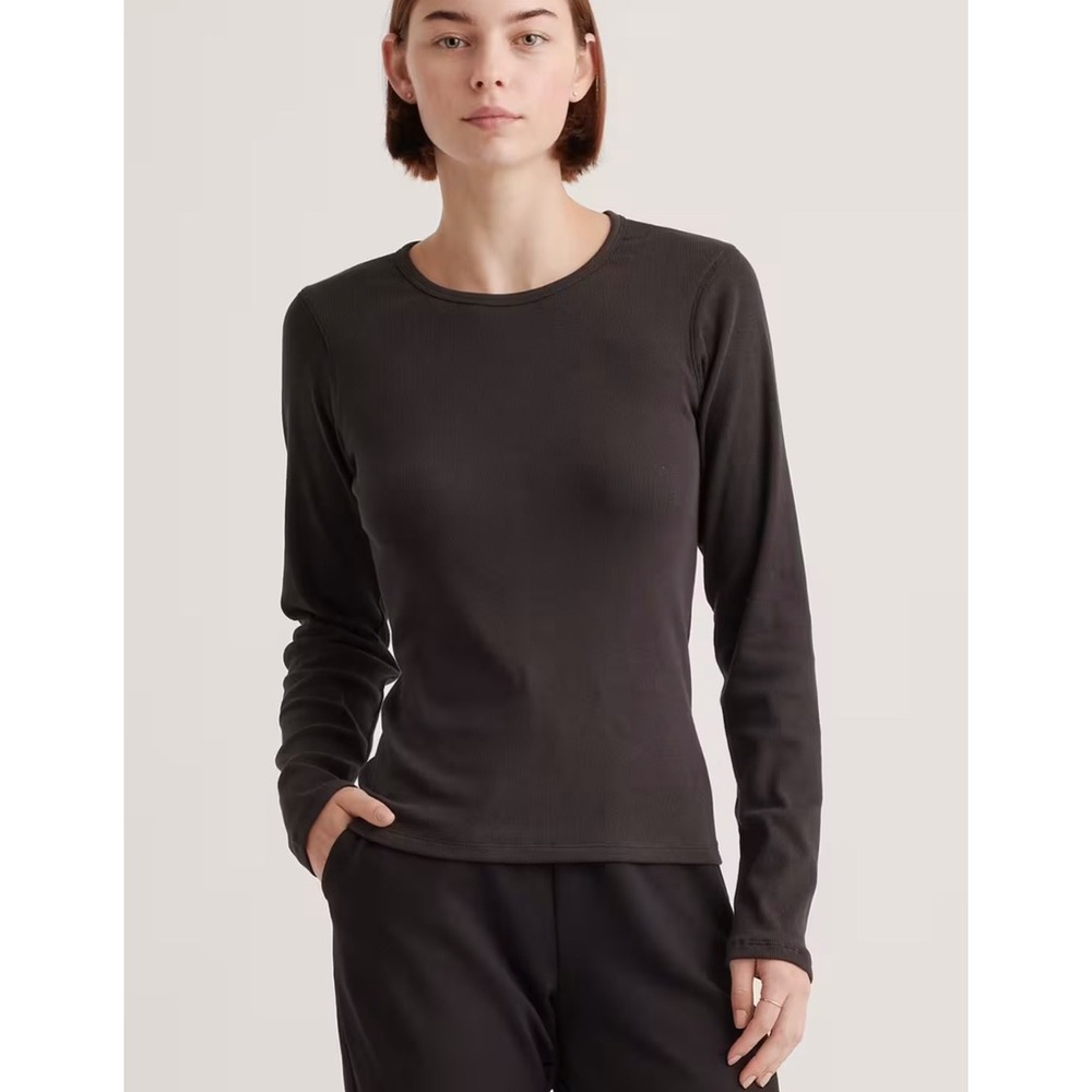 Quince Organic Cotton Micro-Rib Long Sleeve Tee Black Crewneck Medium